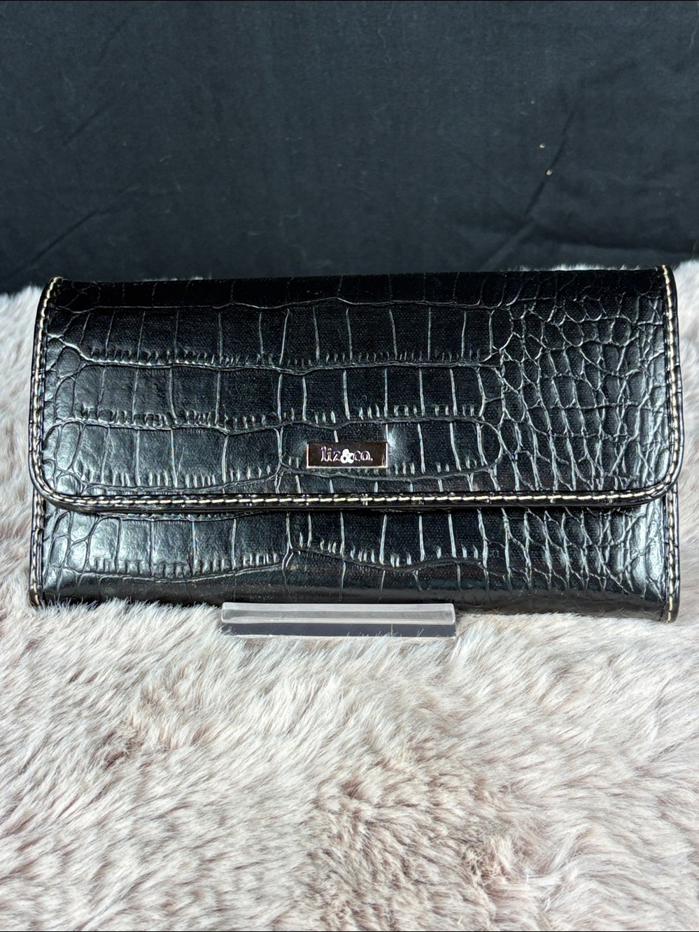 Liz & Co. Black Crocodile Embossed Checkbook Wallet Classic Stitching NWT
